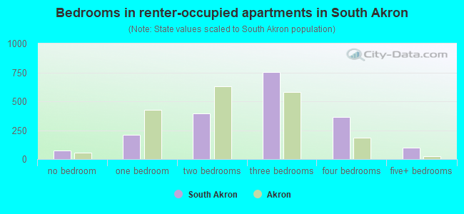 Bedrooms in renter-occupied apartments in South Akron