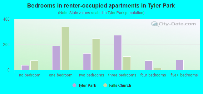 Bedrooms in renter-occupied apartments in Tyler Park