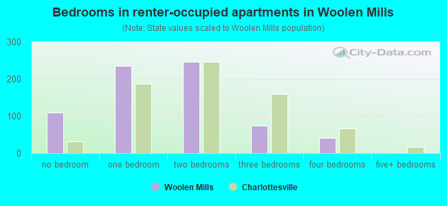 Bedrooms in renter-occupied apartments in Woolen Mills