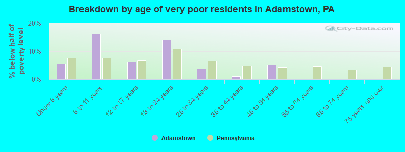 Breakdown by age of very poor residents in Adamstown, PA