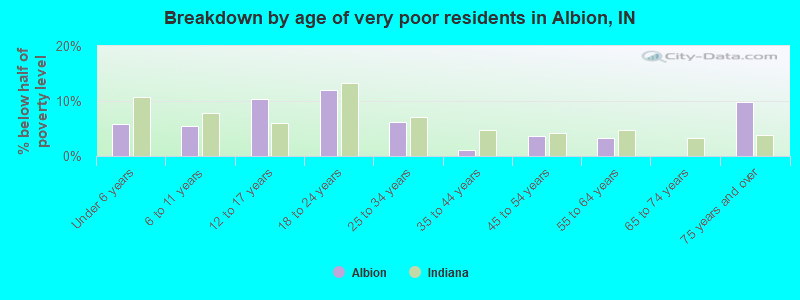 Breakdown by age of very poor residents in Albion, IN