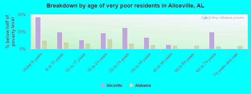 Breakdown by age of very poor residents in Aliceville, AL