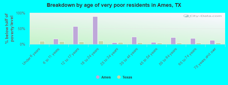 Breakdown by age of very poor residents in Ames, TX