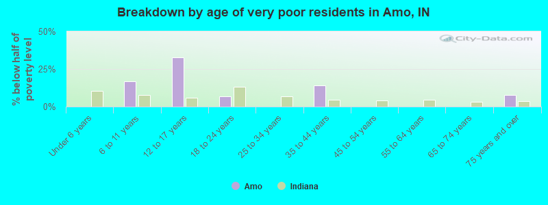 Breakdown by age of very poor residents in Amo, IN