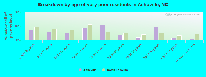 Breakdown by age of very poor residents in Asheville, NC