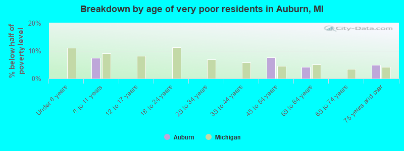 Breakdown by age of very poor residents in Auburn, MI