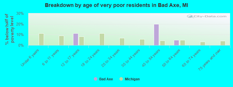 Breakdown by age of very poor residents in Bad Axe, MI