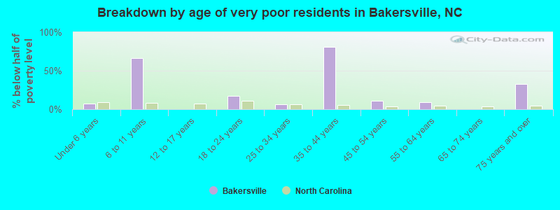 Breakdown by age of very poor residents in Bakersville, NC