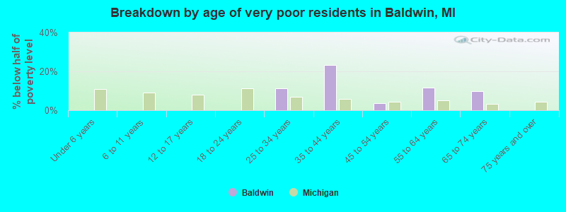 Breakdown by age of very poor residents in Baldwin, MI