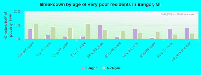 Breakdown by age of very poor residents in Bangor, MI