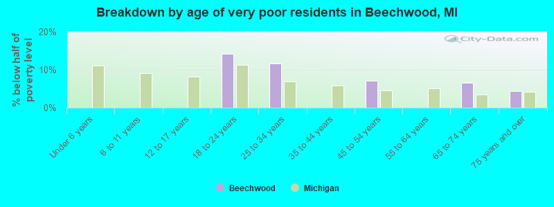 Breakdown by age of very poor residents in Beechwood, MI