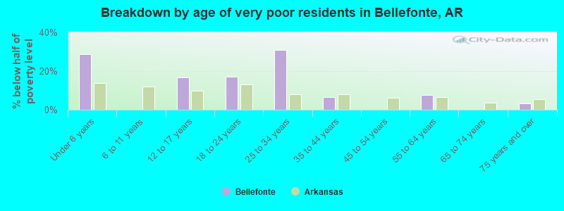 Breakdown by age of very poor residents in Bellefonte, AR