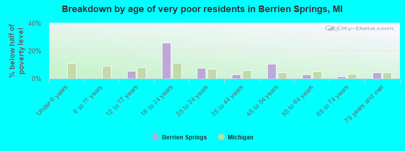 Breakdown by age of very poor residents in Berrien Springs, MI