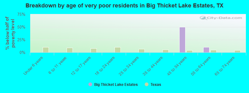Breakdown by age of very poor residents in Big Thicket Lake Estates, TX
