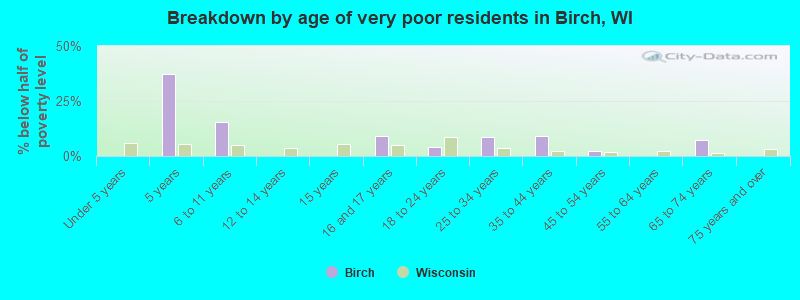 Breakdown by age of very poor residents in Birch, WI