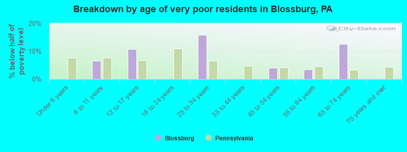 Breakdown by age of very poor residents in Blossburg, PA