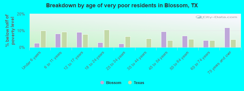 Breakdown by age of very poor residents in Blossom, TX