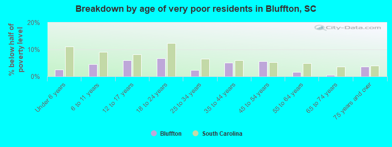 Breakdown by age of very poor residents in Bluffton, SC