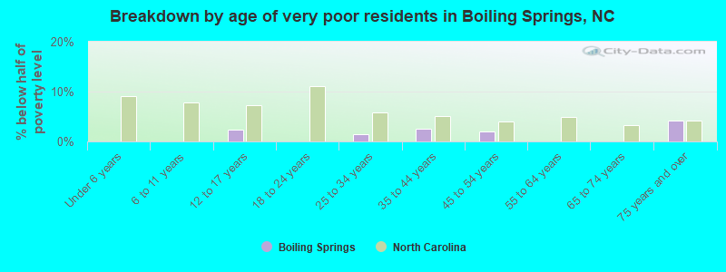 Breakdown by age of very poor residents in Boiling Springs, NC