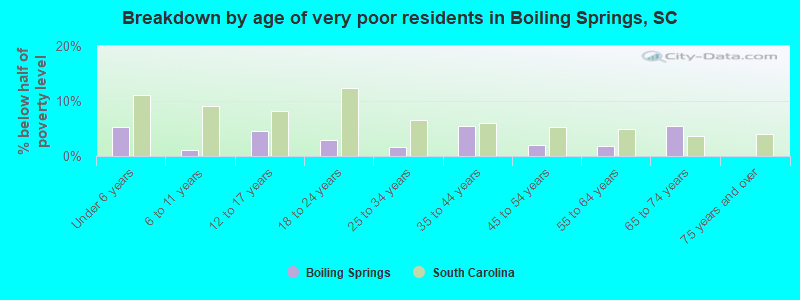 Breakdown by age of very poor residents in Boiling Springs, SC