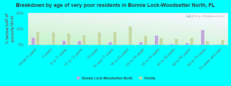 Breakdown by age of very poor residents in Bonnie Lock-Woodsetter North, FL