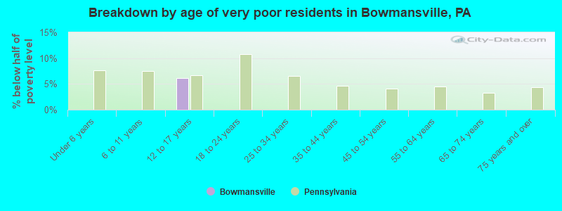 Breakdown by age of very poor residents in Bowmansville, PA
