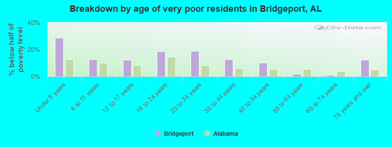 Breakdown by age of very poor residents in Bridgeport, AL