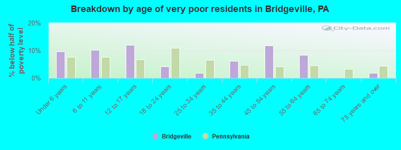 Breakdown by age of very poor residents in Bridgeville, PA