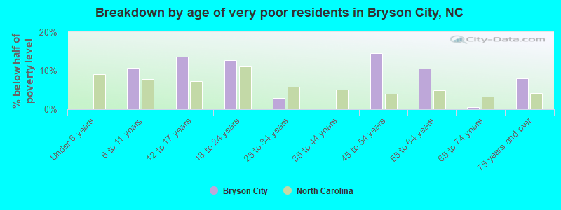 Breakdown by age of very poor residents in Bryson City, NC