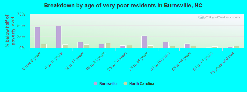 Breakdown by age of very poor residents in Burnsville, NC