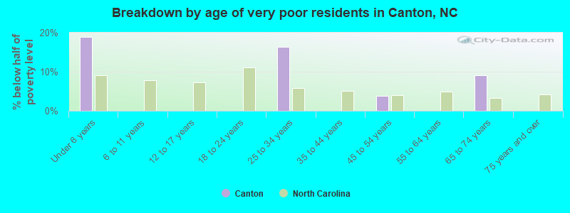 Breakdown by age of very poor residents in Canton, NC