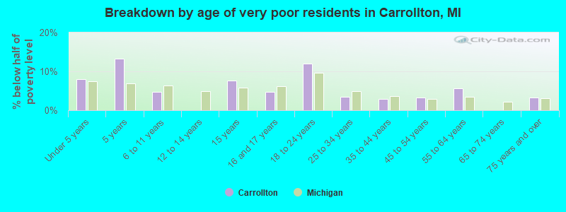 Breakdown by age of very poor residents in Carrollton, MI