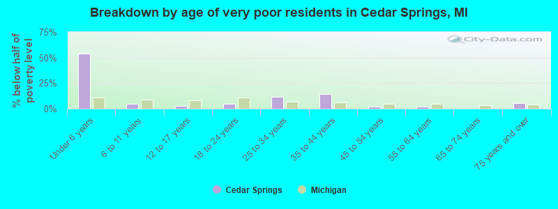 Breakdown by age of very poor residents in Cedar Springs, MI