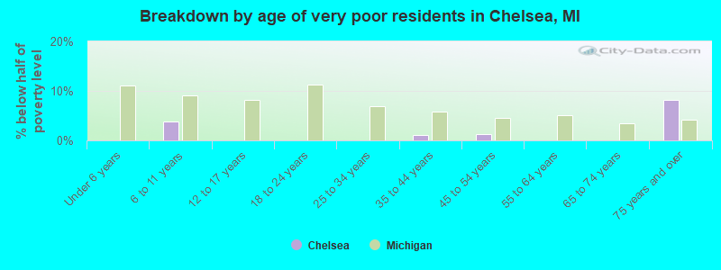 Breakdown by age of very poor residents in Chelsea, MI
