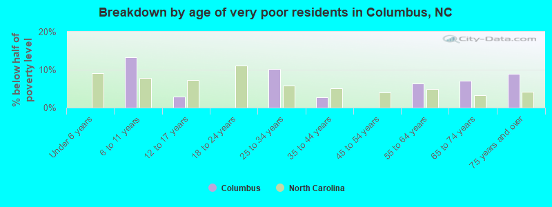 Breakdown by age of very poor residents in Columbus, NC