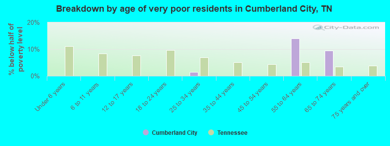 Breakdown by age of very poor residents in Cumberland City, TN
