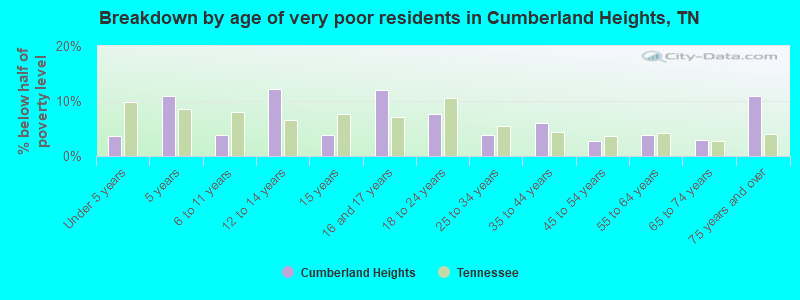 Breakdown by age of very poor residents in Cumberland Heights, TN