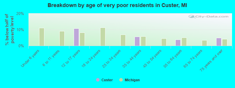 Breakdown by age of very poor residents in Custer, MI