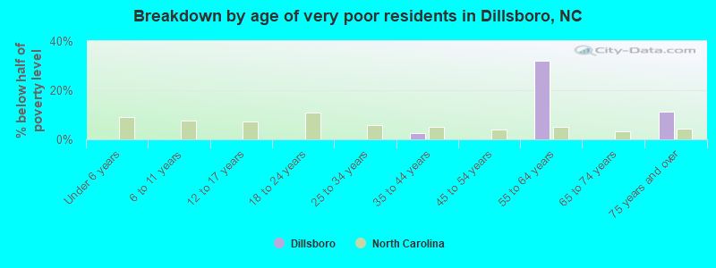 Breakdown by age of very poor residents in Dillsboro, NC