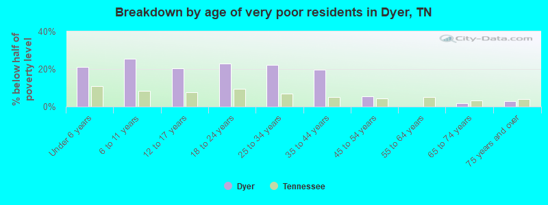 Breakdown by age of very poor residents in Dyer, TN