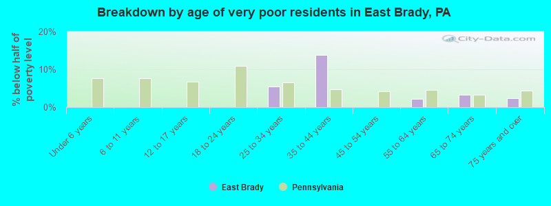 Breakdown by age of very poor residents in East Brady, PA