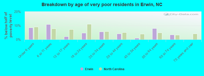 Breakdown by age of very poor residents in Erwin, NC