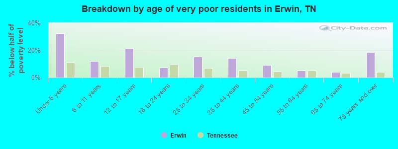 Breakdown by age of very poor residents in Erwin, TN