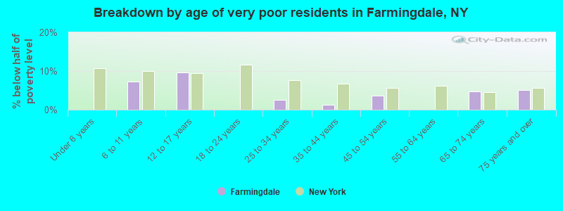 Breakdown by age of very poor residents in Farmingdale, NY