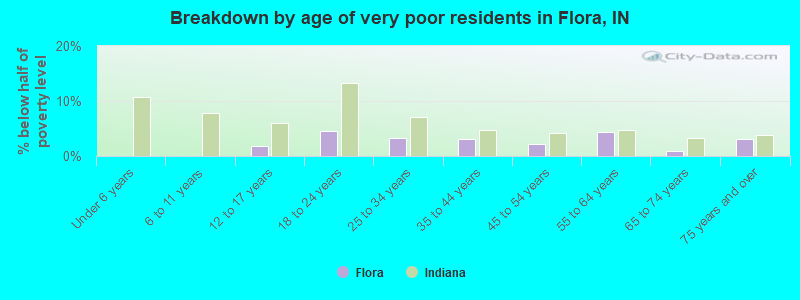 Breakdown by age of very poor residents in Flora, IN