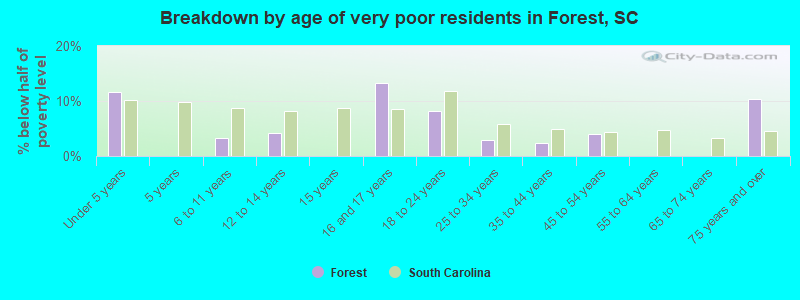 Breakdown by age of very poor residents in Forest, SC