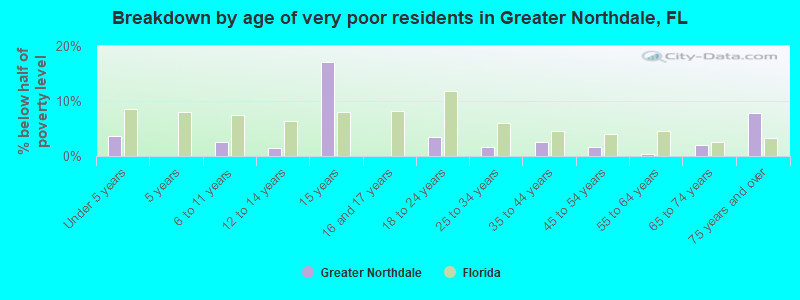 Breakdown by age of very poor residents in Greater Northdale, FL