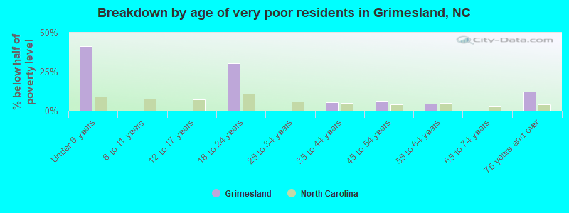 Breakdown by age of very poor residents in Grimesland, NC