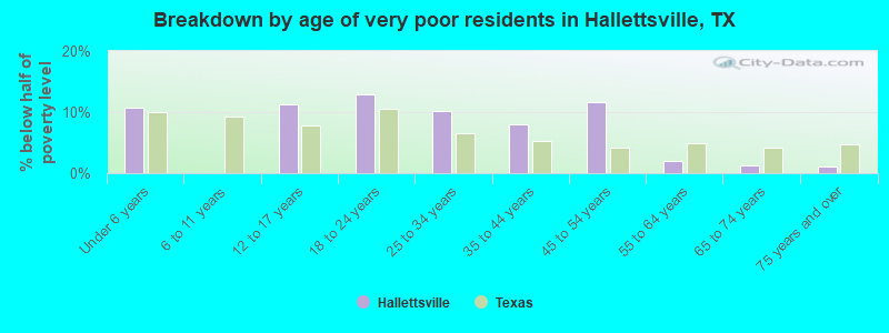 Breakdown by age of very poor residents in Hallettsville, TX