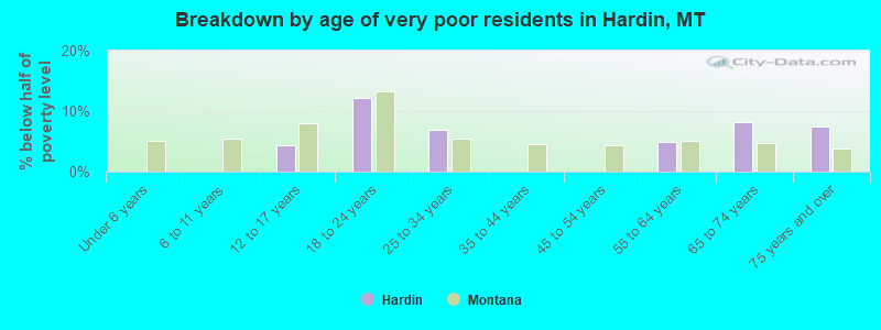 Breakdown by age of very poor residents in Hardin, MT